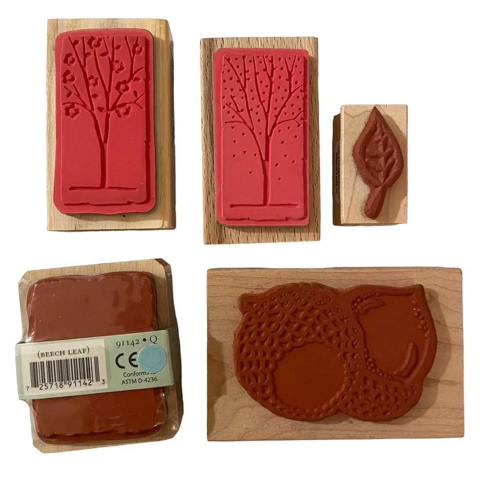 Trees Leaves Acorns 5 Wood Block Rubber Stamps Medium Mixed Lot